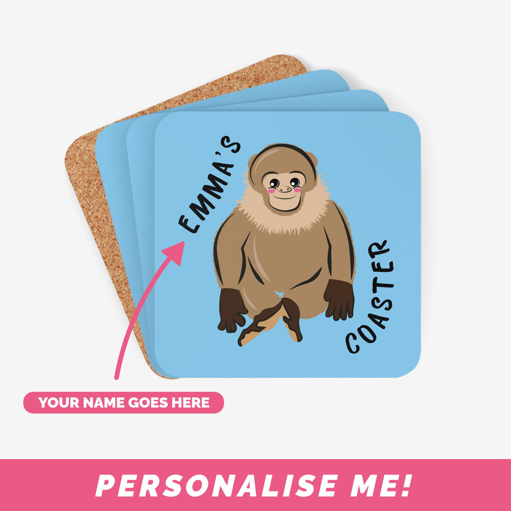 Blue coasters with a small monkey design - plus personalised text.