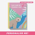 Notebook cute design with a sloth illustration and personalised text.