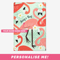 Flamingo area rug - pink and green rug with tropical laves and personalised text.