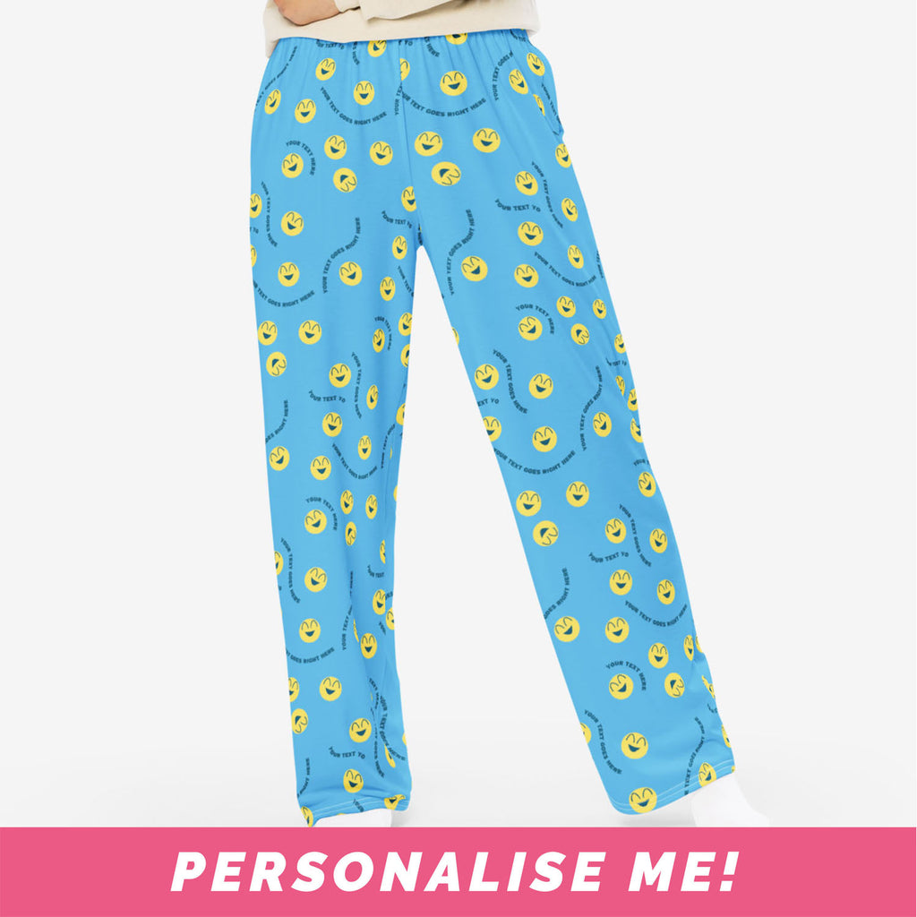 Funky pants - streetwear pants blue with yellow smiley faces and personalised text.