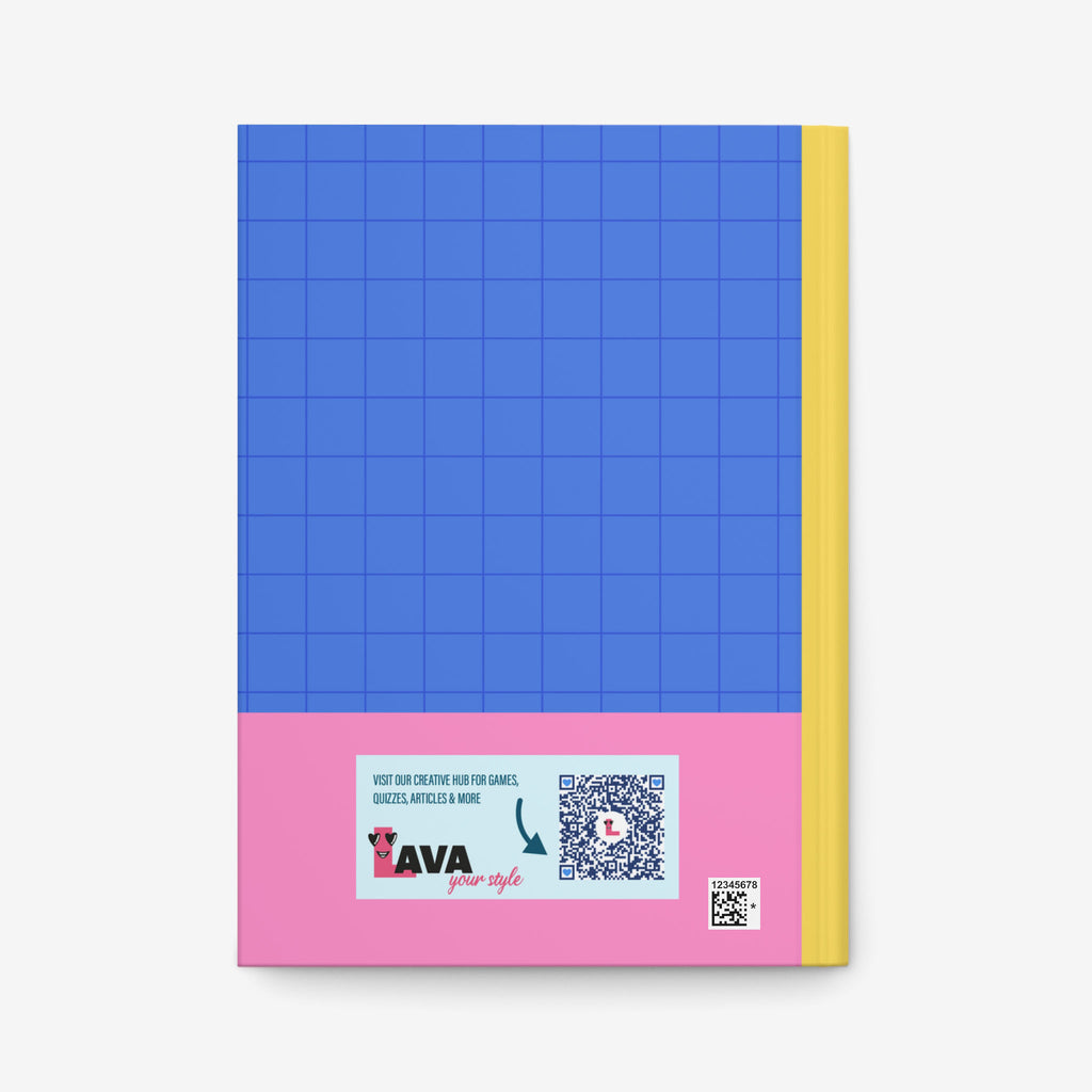 Back of lined journal notebook - blue and pink with QR code.