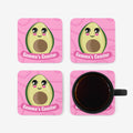 4 pink coasters with cute design and personalised text.