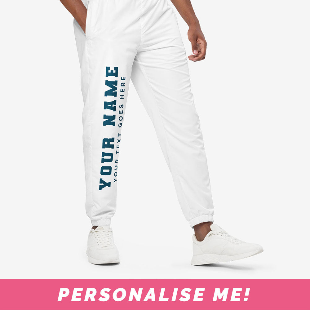 White track pants with a place to add your own name and text.
