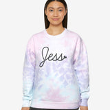 Person wearing our tie dye sweatshirt with space to add your own text.