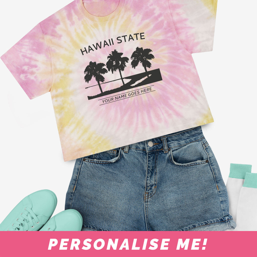 Tie-dye t-shirt with Hawaii state design and place to add your own text.