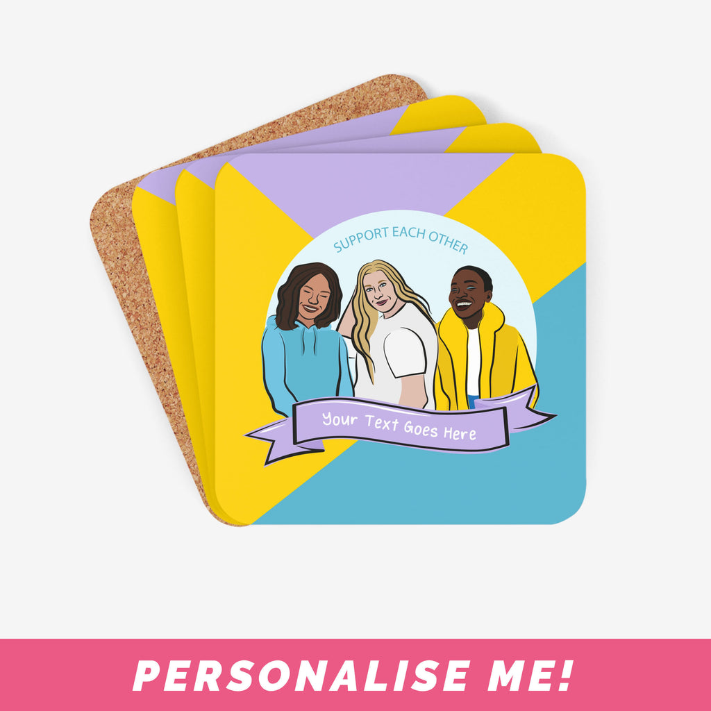 Unique drink coasters with women empowerment artwork and space to add your own text.