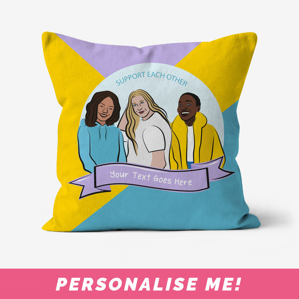 Unique throw pillow front with female empowerment art and space to add your own text.