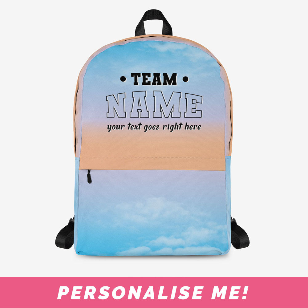 Unique backpack - blue and orange backpack with a place to add your own text.